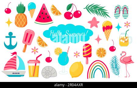 Ensemble de plats, boissons, feuilles de palmier, fruits et flamants d'été. Collection d'éléments de scrapbooking pour la fête sur la plage. Illustration de Vecteur