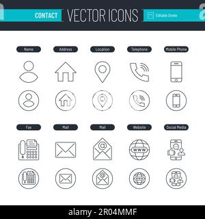 Icône de contour de contact définie avec des symboles tels que le nom, l'adresse, l'emplacement, le téléphone, le téléphone portable, fax, e-mail, web et réseaux sociaux pour les cartes de visite ou Illustration de Vecteur