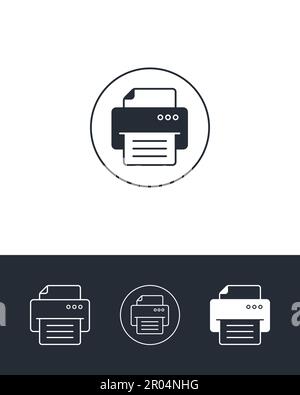 Contour de l'imprimante et icônes pleines avec du papier sur fond noir et blanc. Symboles du périphérique d'impression de documents. Illustration de Vecteur
