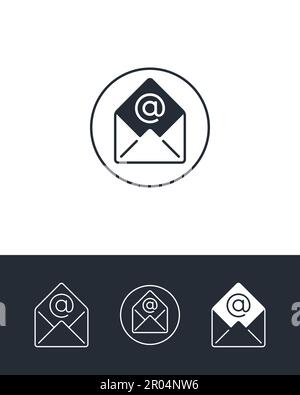 Contour du message et icônes pleines sur fond noir et blanc. Envoyer des symboles isolés par e-mail. Illustration de Vecteur