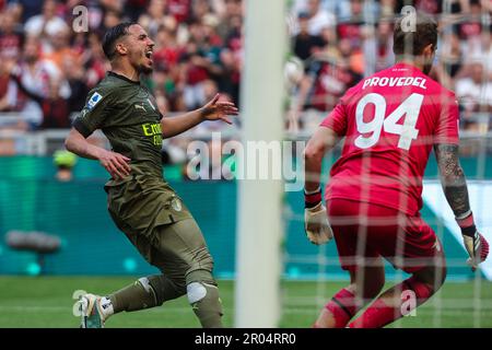 Milan, Italie. 06th mai 2023. Ismael Bennacer de l'AC Milan réagit pendant la série Un match de football 2022/23 entre l'AC Milan et le SS Lazio au stade San Siro. Score final ; Milan 2 | 0 Lazio. Crédit : SOPA Images Limited/Alamy Live News Banque D'Images