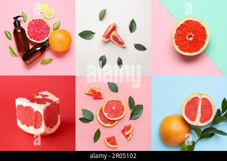 Collage avec de nombreux pamplemousses sur fond coloré Banque D'Images