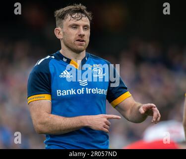 Dublin, Irlande. 06th mai 2023. Hugo Keenan de Leinster lors du match de rugby de troisième quart de finale entre le rugby de Leinster et les requins de la cellule C au stade Aviva de Dublin, Irlande sur 6 mai 2023 (photo par Andrew SURMA/ Credit: SIPA USA/Alay Live News Banque D'Images