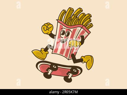 Motif mascotte vintage représentant des frites sautant sur un skateboard Illustration de Vecteur