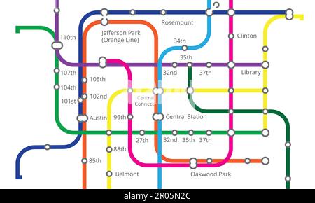 Métro, train et carte pour les transports, la navigation et les voyages avec infrastructure en métro. Carte de la ville, transport en métro et schéma Banque D'Images