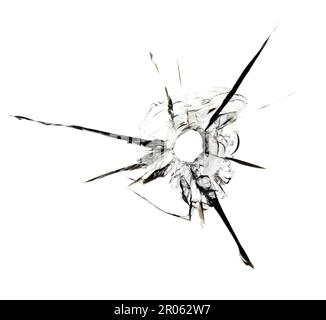 Verre brisé, la texture des fissures d'un coup de feu à travers une fenêtre de balle.Abstraction fissurée sur fond blanc Banque D'Images