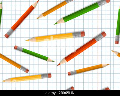Crayons de couleur avec gomme, fournitures scolaires, papeterie, bloc-notes à carreaux. Le concept de la scolarisation, de retour à l'école, de la première fois à l'école Illustration de Vecteur