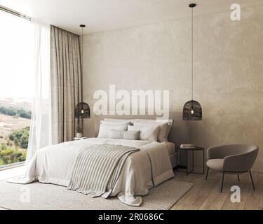 Intérieur de la chambre maquette de style boho avec couverture à franges, oreillers, literie blanche, pampas sec, lampe de panier et rideau. 3d rendu. Élevée Banque D'Images