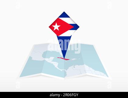 Cuba est représenté sur une carte papier pliée et un marqueur de position épinglé avec le drapeau de Cuba. Carte vectorielle pliée. Illustration de Vecteur