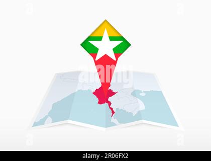 Le Myanmar est représenté sur une carte papier pliée et un marqueur de localisation épinglé avec le drapeau du Myanmar. Carte vectorielle pliée. Illustration de Vecteur