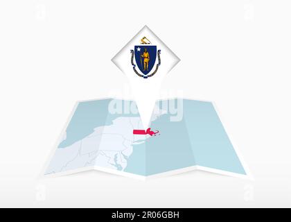 Le Massachusetts est représenté sur une carte papier pliée et un marqueur d'emplacement épinglé avec un drapeau du Massachusetts. Carte vectorielle pliée. Illustration de Vecteur