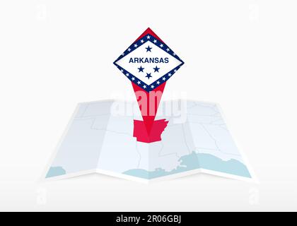 L'Arkansas est représenté sur une carte papier pliée et un marqueur d'emplacement épinglé avec drapeau de l'Arkansas. Carte vectorielle pliée. Illustration de Vecteur