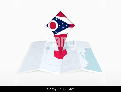 L'Ohio est représenté sur une carte papier pliée et un marqueur d'emplacement épinglé avec drapeau de l'Ohio. Carte vectorielle pliée. Illustration de Vecteur