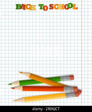 Crayons de couleur avec gomme, fournitures scolaires, papeterie, bloc-notes à carreaux. Le concept de la scolarisation, de retour à l'école, de la première fois à l'école Illustration de Vecteur