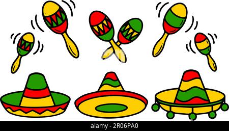 Collection mexicaine de vecteurs sombrero et Maracas. Illustrations colorées de chapeau mexicain traditionnel et instrument de musique pour Cinco de Mayo Illustration de Vecteur