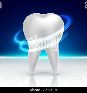 Banderole de style futuriste blanchissant les dents au laser. Concept d'implant dentaire artificiel. Dentisterie innovante. 3D modèle. Dent blanche dans la salle technologique Banque D'Images