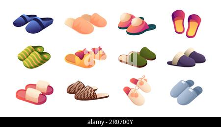 Collection de chaussons. Des chaussures de dessin animé, des chaussures confortables pour la maison et le bureau, des pieds et des jambes détente confortable. Ensemble vectoriel isolé. Jolies sandales d'intérieur molletonnées pour homme et femme, accessoire Illustration de Vecteur