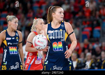 7th mai 2023 ; Ken Rosewall Arena, Sydney, Nouvelle-Galles du Sud, Australie : Suncorp Super Netball, New South Wales Swifts versus Sunshine Coast Lightning ; Stephanie Wood of the Lightning se prépare à passer le ballon Banque D'Images