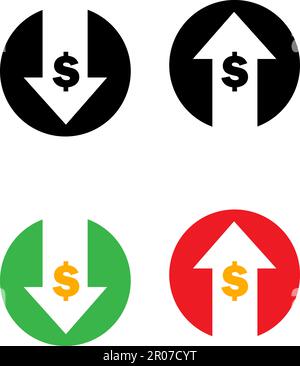 ensemble de symbole de coût dollar icône d'augmentation et de diminution, argent, dollar signe avec flèche vers le haut et vers le bas arrondi icône de vecteur noir Illustration de Vecteur