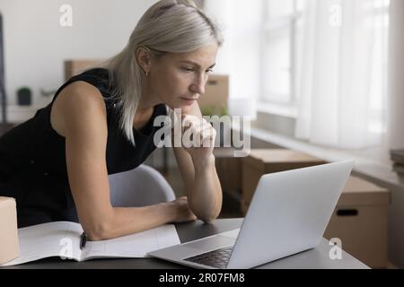 Un responsable de boutique en ligne sérieux travaillant sur un ordinateur portable au bureau, en touchant le menton Banque D'Images