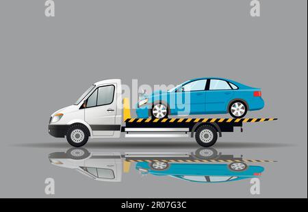 Un chariot de remorquage transporte une voiture brisée après un accident. Réflexion sur le sol. Illustration de Vecteur