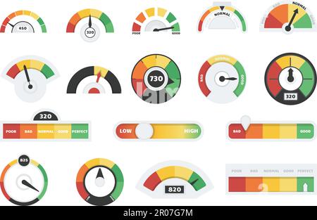 Indicateurs de vitesse et de crédit. Tableau de vitesse, feedback ou indicateur de satisfaction client. Échelle d'humeur jauges, progression éléments vecteur décents Illustration de Vecteur