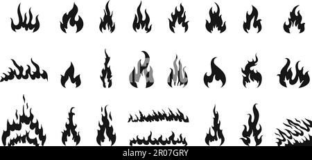 Silhouettes isolées de feux noirs, icônes de flammes de feu. Éléments de chaleur à combustion monochrome, pictogramme feu de camp chaud. Les symboles de vecteur décent Doodle Devil Illustration de Vecteur