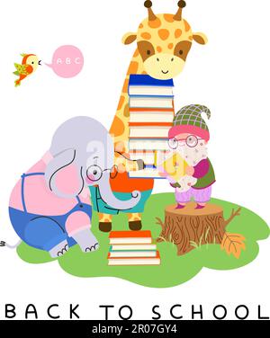 Personnages de retour à l'école. Manuel de lecture d'enseignant de GNOME pour girafe et éléphant. Animaux étudiants, lire le jour du livre. Scène d'éducation des enfants vecteur d'automne Illustration de Vecteur