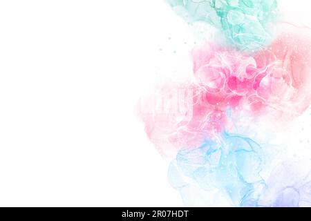 L'art abstrait de l'encre d'alcool pour le printemps et l'été. Marbre vert, rose et bleu clair sur fond blanc. Aquarelle transparente ondulations texturées et or Banque D'Images