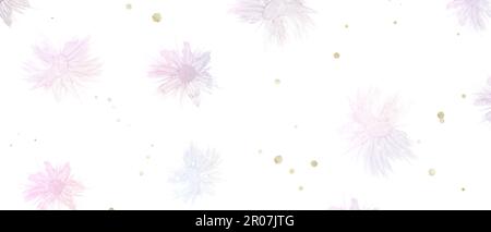 Arrière-plan naturel et mignon d'art d'encre d'alcool de printemps. Motif floral transparent, dégradé violet et rose, décoration dorée Banque D'Images