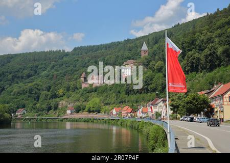 Vue sur le château de Zwingenberg avec drapeau sur le Neckar, vallée du Neckar, Baden, Bade-Wurtemberg, Allemagne Banque D'Images