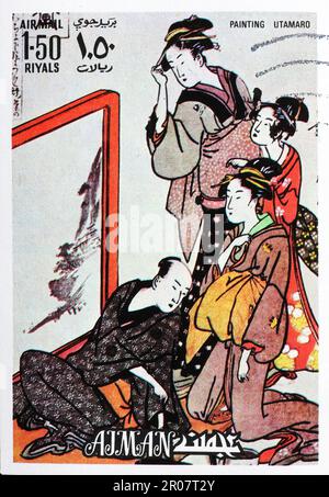 Japonais peint par Utamaro sur timbre-poste Banque D'Images