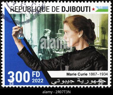 Marie Curie sur le timbre-poste de Djibo Banque D'Images