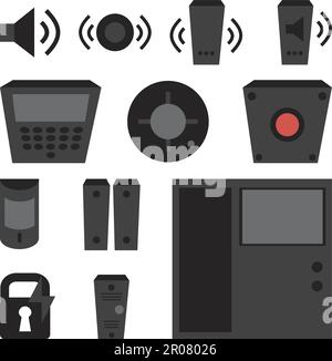 Vecteur ensemble simple d'icônes de détecteurs pour fenêtre, incendie, son, interphone, alarme incendie, lecteur, verrouillage électronique. Système de contrôle d'accès Illustration de Vecteur