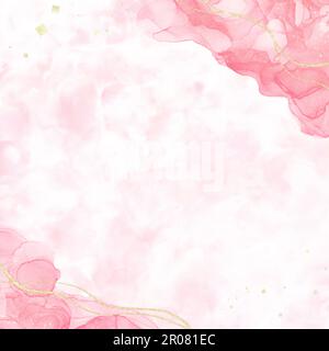 Bannière abstraite art alcool printemps. Paillettes d'or sur fond de peinture à l'huile rose et blanc. Gabarit élégant carré Banque D'Images