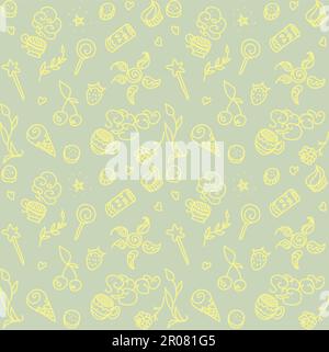 Motif transparent vecteur avec les choses de la vie : la nourriture, la boisson, baguette magique, des tasses, des plantes Illustration de Vecteur