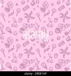 Rose vecteur modèle transparent avec les choses de la vie : la nourriture, la boisson, baguette magique, des tasses, des plantes Illustration de Vecteur