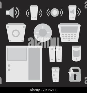 Vecteur ensemble simple d'icônes de détecteurs pour fenêtre, incendie, son, interphone, alarme incendie, lecteur, verrouillage électronique. Système de contrôle d'accès Illustration de Vecteur