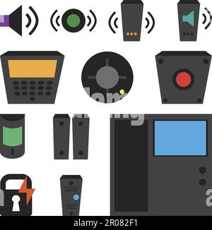 Vecteur ensemble simple d'icônes de détecteurs pour fenêtre, incendie, son, interphone, alarme incendie, lecteur, verrouillage électronique. Système de contrôle d'accès Illustration de Vecteur