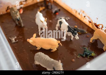 Boue sensorielle au chocolat maison avec des modèles d'animaux de ferme. Le développement sensoriel et les expériences, les activités thématiques avec les enfants, les compétences moteur fine Banque D'Images