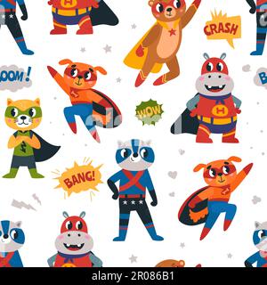 Joli motif super-héros sans coutures. Imprimé animal Hero pour enfants, super héros en fond de capes. Éléments vectoriels de caractères comiques de classe Illustration de Vecteur