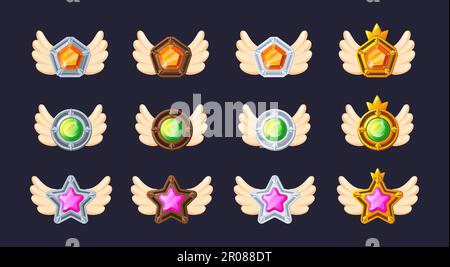 Niveaux de classement des jeux. Classement des badges avec ailes en cristal et couronne royale, cadre en forme d'étoile et bouclier rond médaillé de platine de niveau supérieur réalisation insigne illustration vectorielle de l'icône du badge de rang Illustration de Vecteur