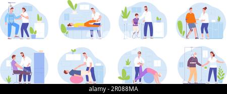 Réadaptation de physiothérapie. Récupération de blessures pour un traumatisme du genou ou une maladie orthopédique réadaptation, soins infirmiers personnes handicapées en fauteuil roulant dans un centre de réadaptation, illustration vectorielle de la récupération et de la physiothérapie Illustration de Vecteur