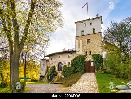 Korzkiew, Pologne - 1 mai 2023: Zamek médiéval avec Korzkwi Château roman de Korzkiew, partie de la piste des nids des aigles itinéraire touristique près de Cracovie en L Banque D'Images