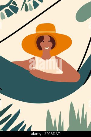 Jeune femme dans un chapeau couché dans des hamacs côtiers, savoring ensoleillé et en plein air. Revivez vos moments de loisirs ou restez productif. Concept vacances et bonheur. Vecteur. Illustration de Vecteur