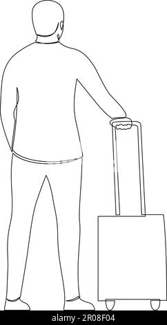 Une ligne continue de dessin d'un touriste avec des bagages attend le transport. Voyageur avec valise en vacances. Homme voyageant avec des bagages. Simple Illustration de Vecteur
