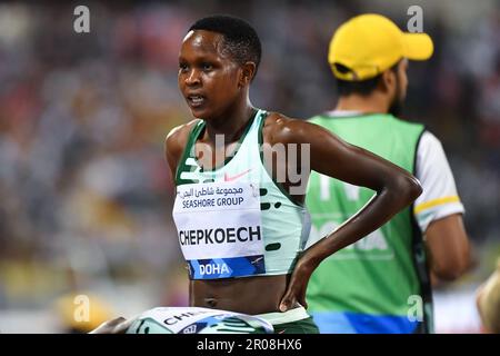 Doha, Qatar, 5 mai 2023. Jackline Chepkoech, du Kenya, réagit en 3000m à la course Steeplechase Women lors de la Diamond League 2023 au stade international de Khalifa à Doha, au Qatar. 5 mai 2023. Crédit : Nikola Krstic/Alay Banque D'Images