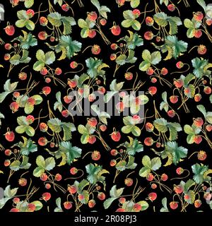 Motif fraise sans couture avec illustrations aquarelle de baies, de feuilles. Illustration des fraises, des baies, des saveurs de fraise. Banque D'Images