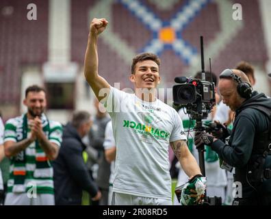 Édimbourg, Royaume-Uni. 07th mai 2023. 7th mai 2023 ; Tynecastle Park, Édimbourg, Écosse : Scottish Premiership football, Hearts versus Celtic ; Alexandro Bernabei du Celtic célèbre Credit: Action plus Sports Images/Alay Live News Banque D'Images