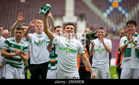 Édimbourg, Royaume-Uni. 07th mai 2023. 7th mai 2023 ; Tynecastle Park, Édimbourg, Écosse : Scottish Premiership football, Hearts versus Celtic ; Alexandro Bernabei du Celtic célèbre Credit: Action plus Sports Images/Alay Live News Banque D'Images